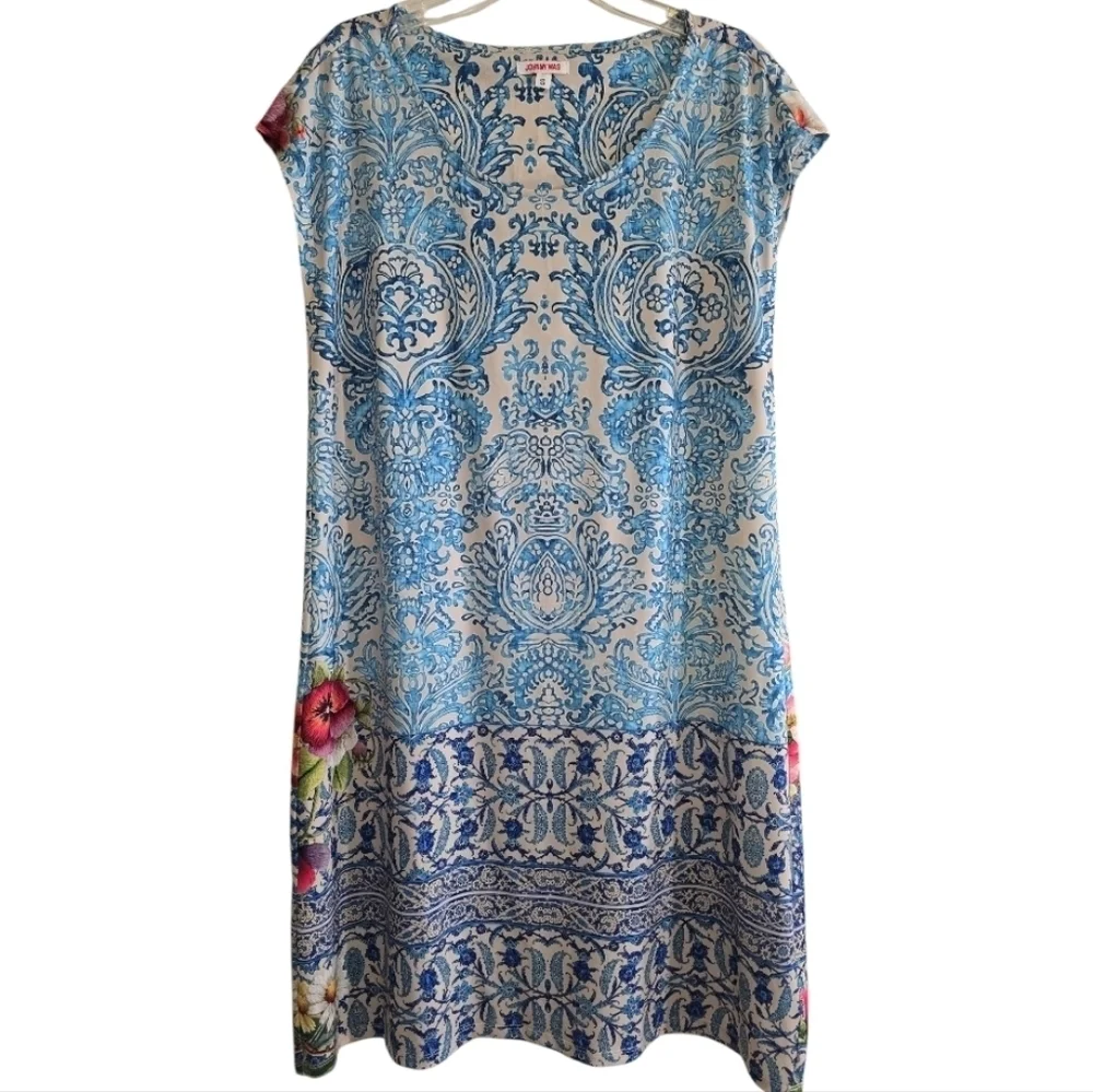 Johnny Was Blue and White Mini Dress Damask Print With Tropical Flowers Small